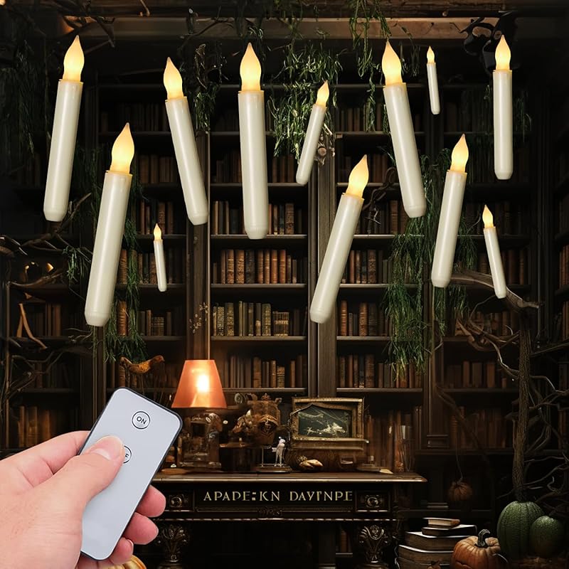 Hanging 20 Pcs Floating Candles with 2 Wand Remote and String, Flying Flameless LED Taper Candles Warm White Light, Battery Operated Window Candle for Halloween Christmas Party Hanging 20 Pcs Floating Candles with 2 Wand Remote and String, Flying Flameless LED Taper Candles Warm White Light, Battery Operated Window Candle for Halloween Christmas Party