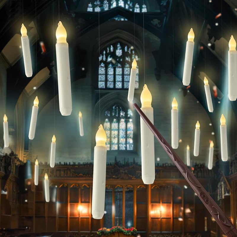Hanging 20 Pcs Floating Candles with 2 Wand Remote and String, Flying Flameless LED Taper Candles Warm White Light, Battery Operated Window Candle for Halloween Christmas Party