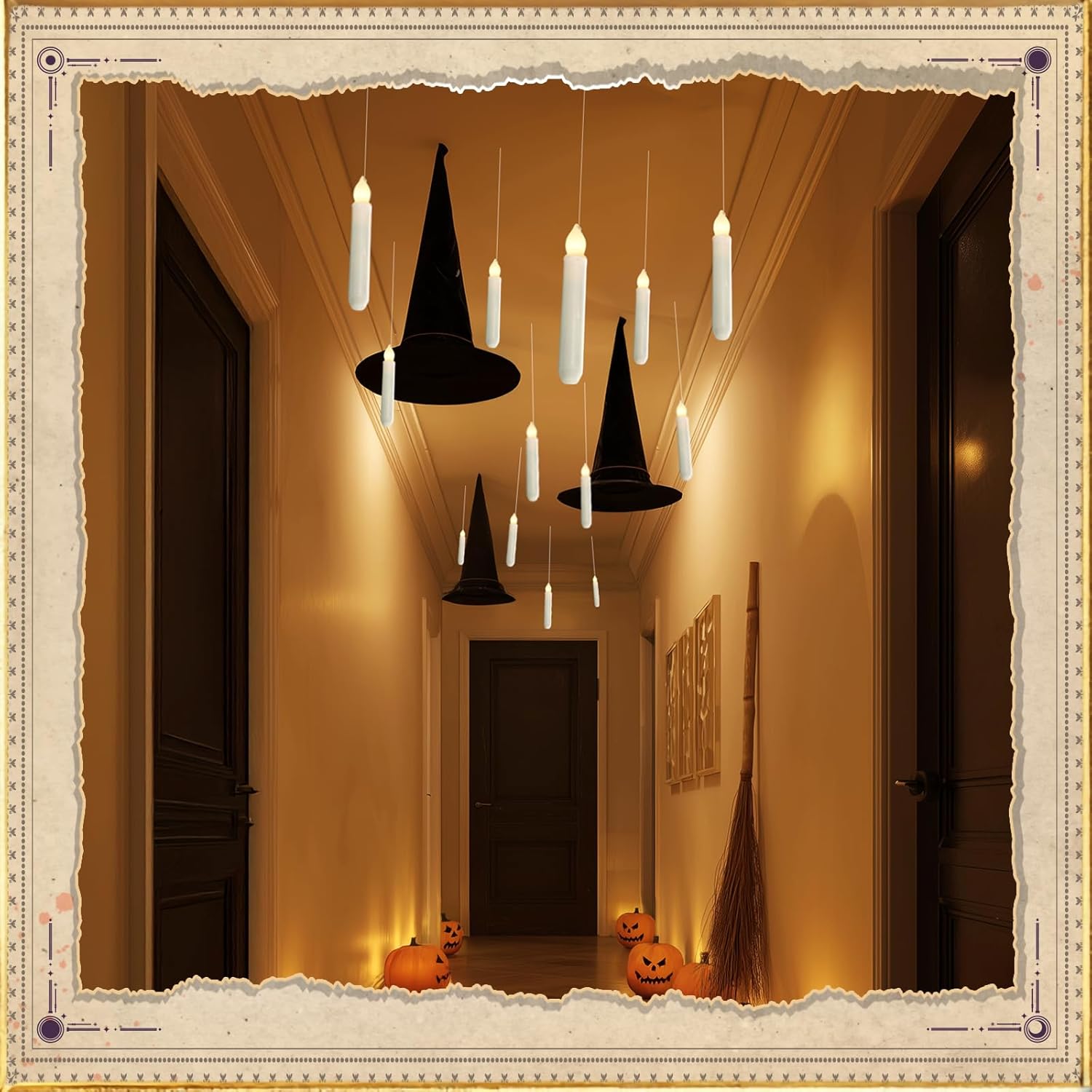 Hanging 20 Pcs Floating Candles with 2 Wand Remote and String, Flying Flameless LED Taper Candles Warm White Light, Battery Operated Window Candle for Halloween Christmas Party
