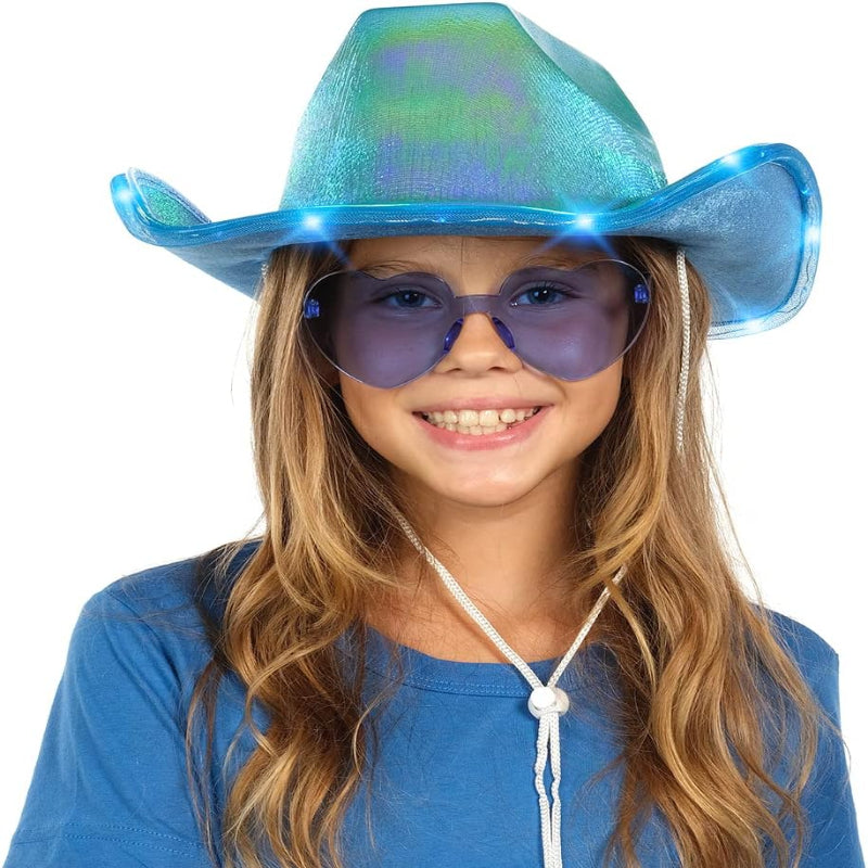 4SParty Blue Light Up Cowboy Hat and Glasses - Led Cowgirl Hat for Girls - Neon Cowboy Hat - Cowgirl Costume Accessories for Women