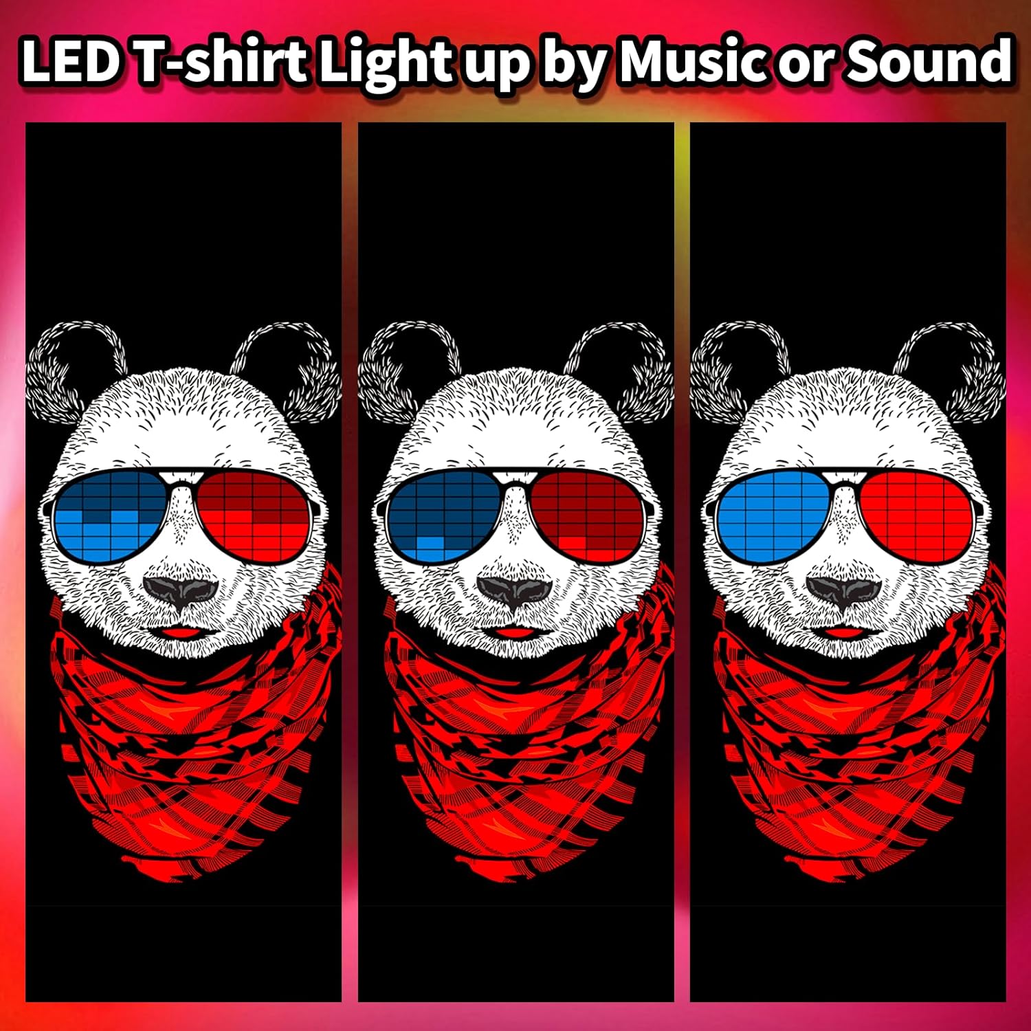 HOLLY MS - LED T Shirt Sound Activated Glow Shirts Light Up Equalizer Clothes for Party - Astronaut / Medium - Activated, Clothes, Equalizer, for, Glow, LED, Light, Party, Shirt, Sound - Black LED T-shirt with panda wearing 3D glasses and red scarf, sound-activated glow for party decorations.