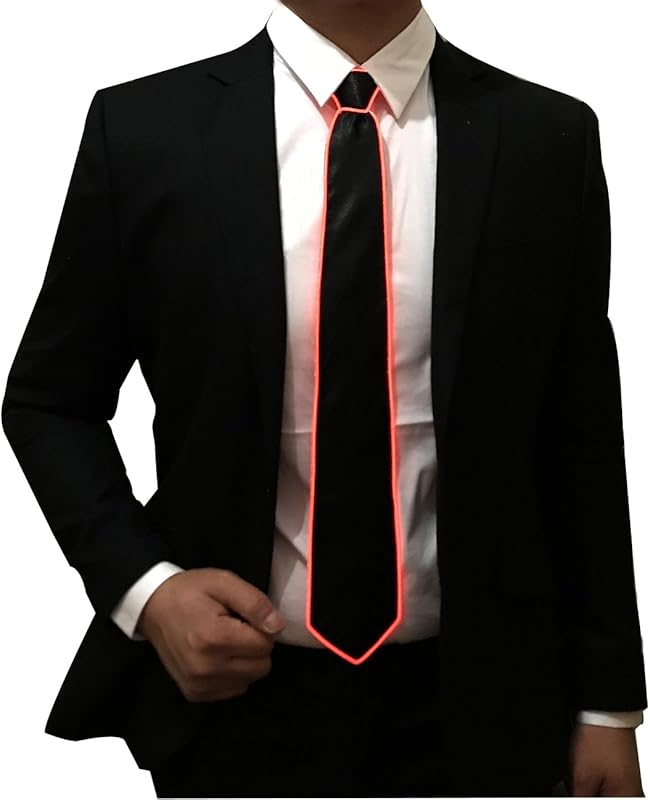 HOLLY MS - Led Tie Light Up Fanny Ties Novelty Necktie For Men LED Light Up Ties Costume Accessory - Blue-micro Solid Tie - Accessory, Costume, Fanny, For, Led, Light, Men, Neck, Novelty, Tie, Ties - Black necktie with red LED light outlining, paired with white shirt and black blazer, perfect for personalized party favors.
