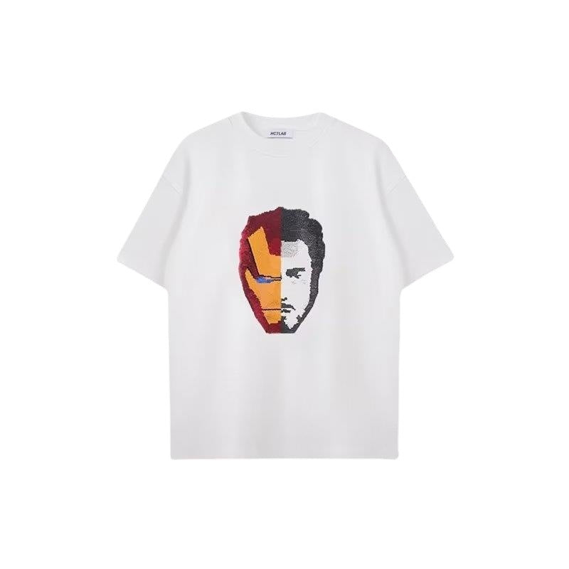 Smiley Face Print Loose-Fitting Short-Sleeved Cotton Summer Couples' Outfit,  Iron Man Face-Changing T-Shirt  for men and women