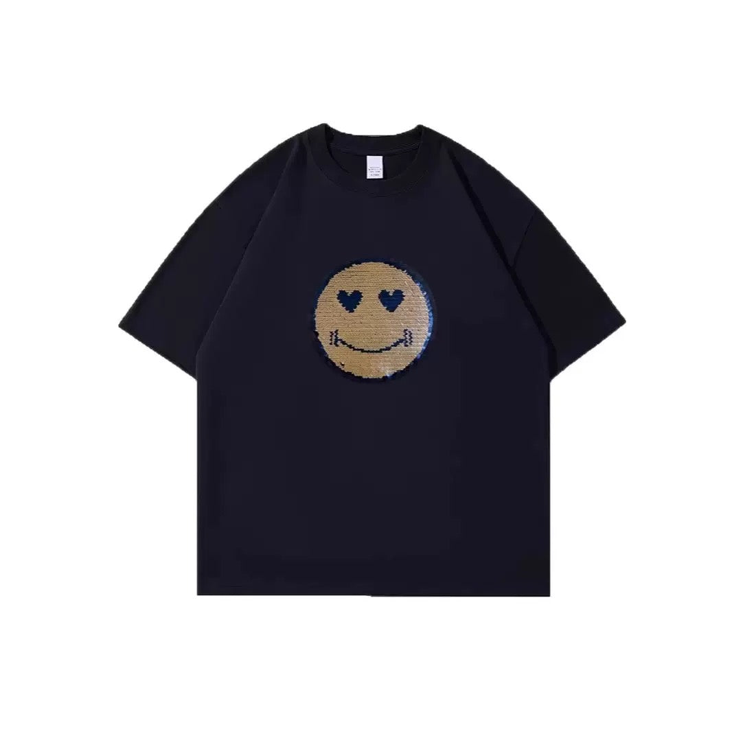 Smiley Face Print Loose-Fitting Short-Sleeved Cotton Summer Couples' Outfit,  Iron Man Face-Changing T-Shirt  for men and women