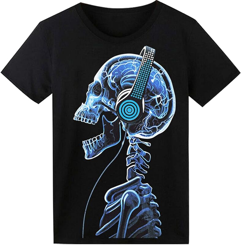 HOLLY MS - LED T Shirt Sound Activated Glow Shirts Light Up Equalizer Clothes for Party - Astronaut / Medium - Activated, Clothes, Equalizer, for, Glow, LED, Light, Party, Shirt, Sound - Black LED T-shirt with glowing blue sound-activated skull wearing headphones, ideal for party decorations and personalized.