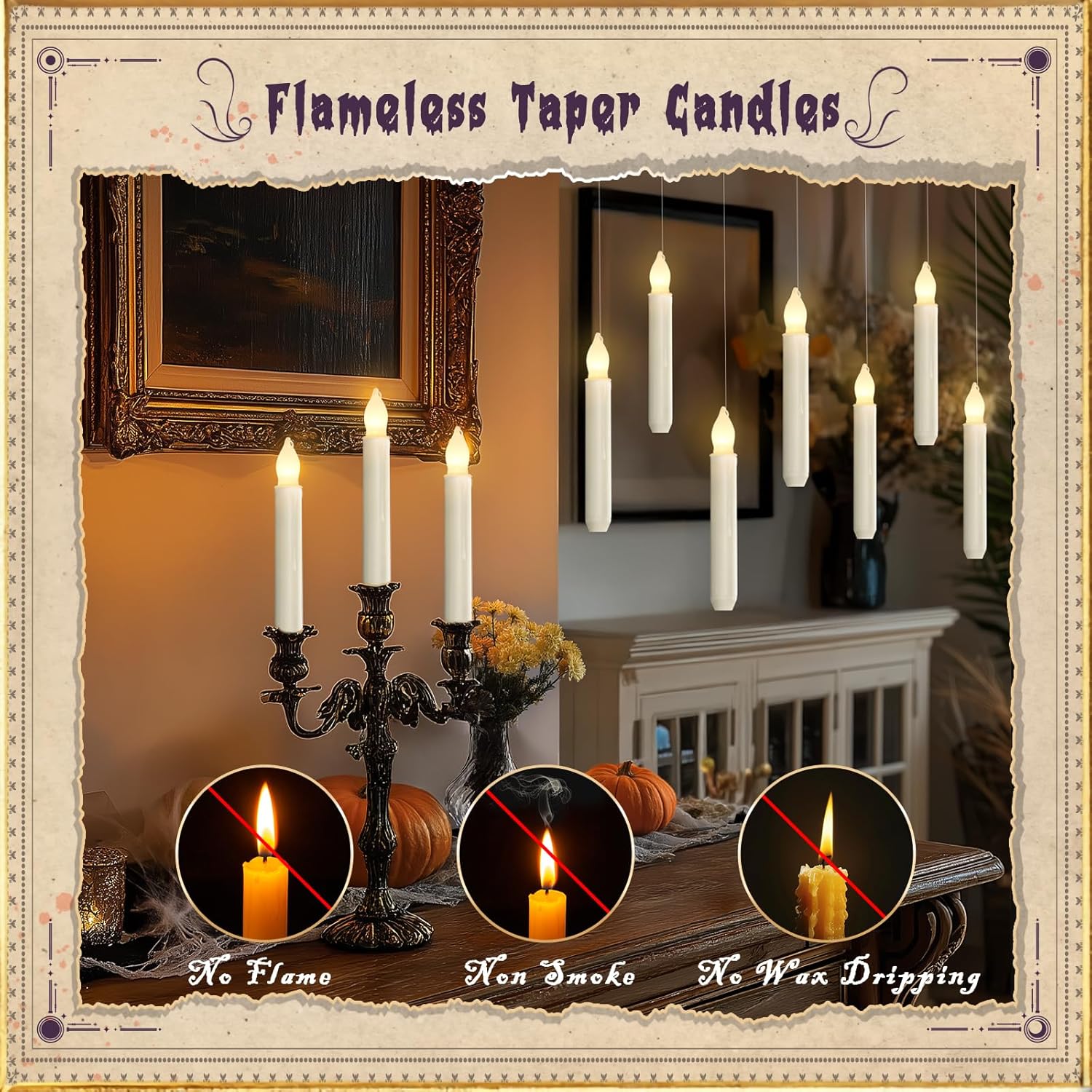 Hanging 20 Pcs Floating Candles with 2 Wand Remote and String, Flying Flameless LED Taper Candles Warm White Light, Battery Operated Window Candle for Halloween Christmas Party