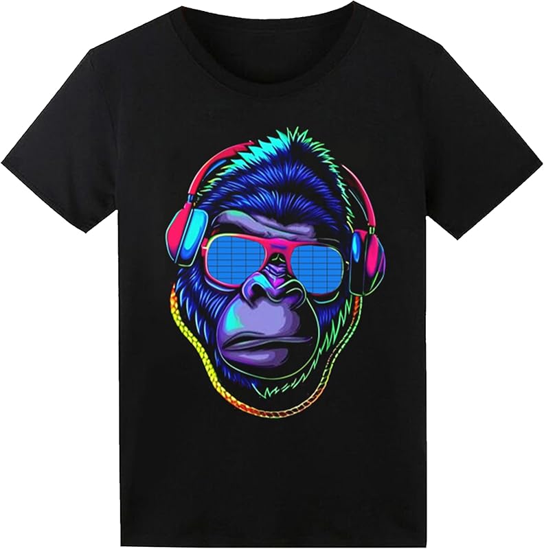 HOLLY MS - LED T Shirt Sound Activated Glow Shirts Light Up Equalizer Clothes for Party - Astronaut / Medium - Activated, Clothes, Equalizer, for, Glow, LED, Light, Party, Shirt, Sound - Black LED T-shirt with colorful gorilla wearing headphones and sunglasses, perfect for personalized party favors and LED.