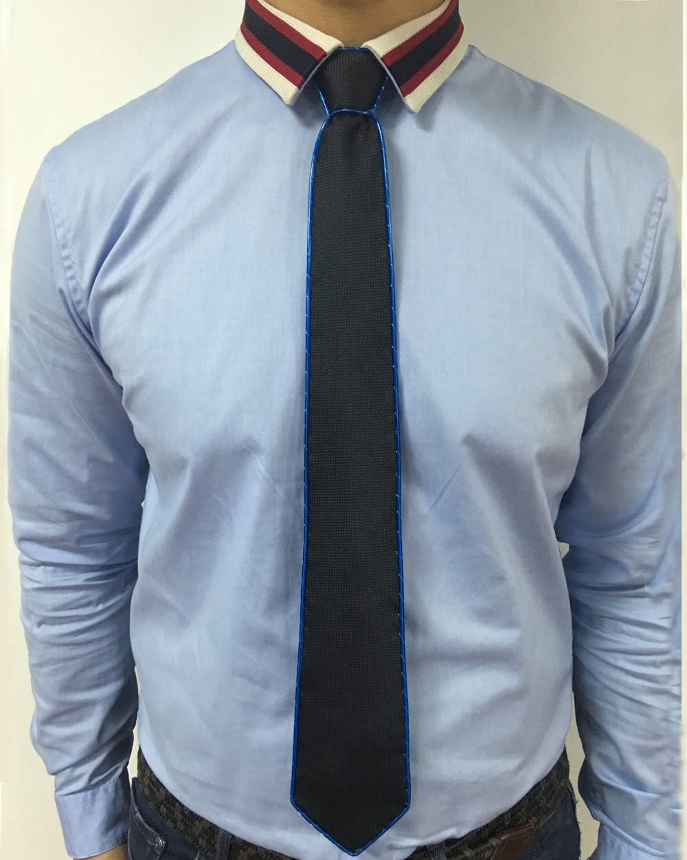 HOLLY MS - Led Tie Light Up Fanny Ties Novelty Necktie For Men LED Light Up Ties Costume Accessory - Blue-micro Solid Tie - Accessory, Costume, Fanny, For, Led, Light, Men, Neck, Novelty, Tie, Ties - Black LED light-up novelty necktie on man wearing light blue dress shirt, perfect for personalized party favors and LED.