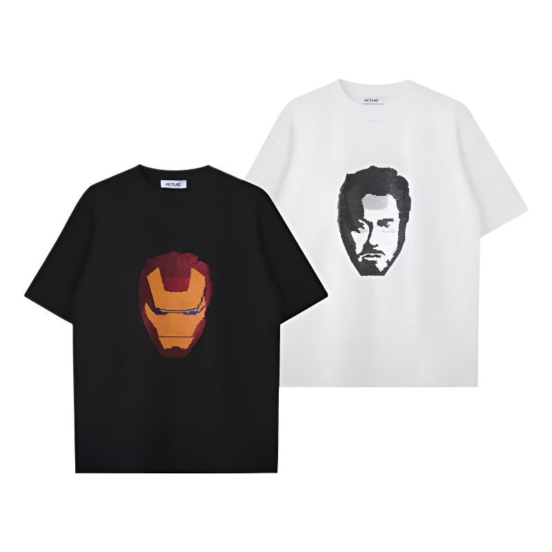 Smiley Face Print Loose-Fitting Short-Sleeved Cotton Summer Couples' Outfit,  Iron Man Face-Changing T-Shirt  for men and women