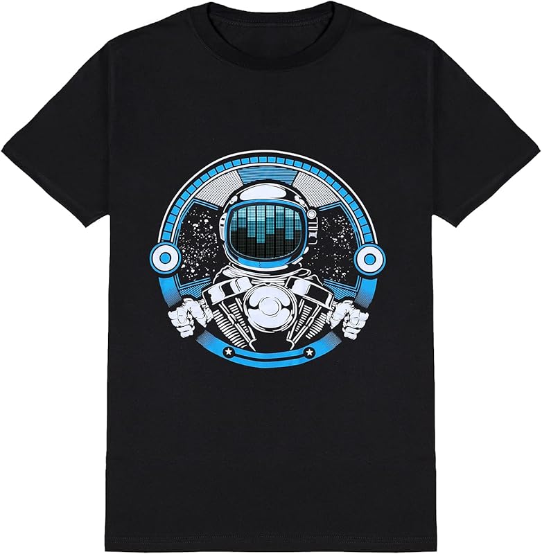 HOLLY MS - LED T Shirt Sound Activated Glow Shirts Light Up Equalizer Clothes for Party - Astronaut / Medium - Activated, Clothes, Equalizer, for, Glow, LED, Light, Party, Shirt, Sound - Black LED T-shirt with blue and white astronaut sound-activated equalizer design, perfect for personalized party favors and.