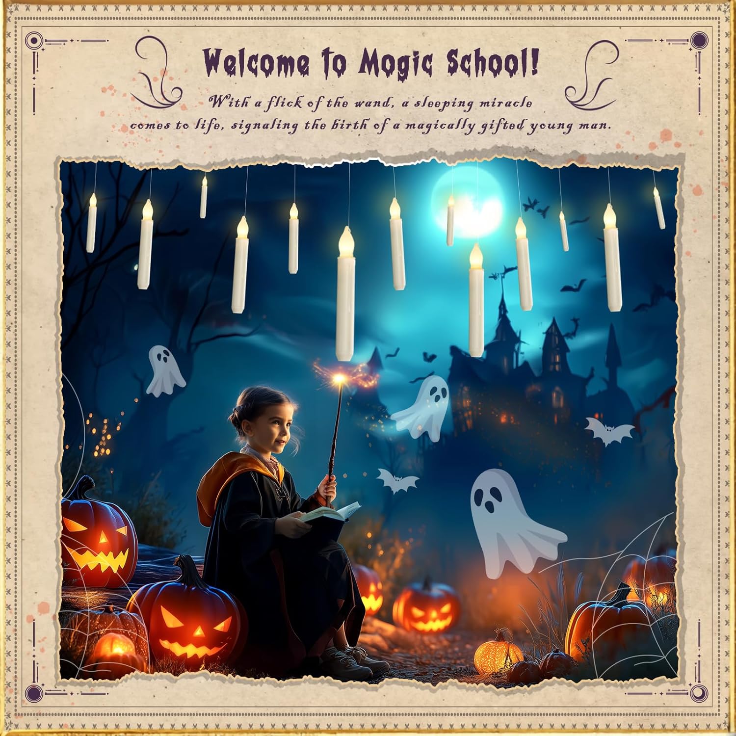 Hanging 20 Pcs Floating Candles with 2 Wand Remote and String, Flying Flameless LED Taper Candles Warm White Light, Battery Operated Window Candle for Halloween Christmas Party