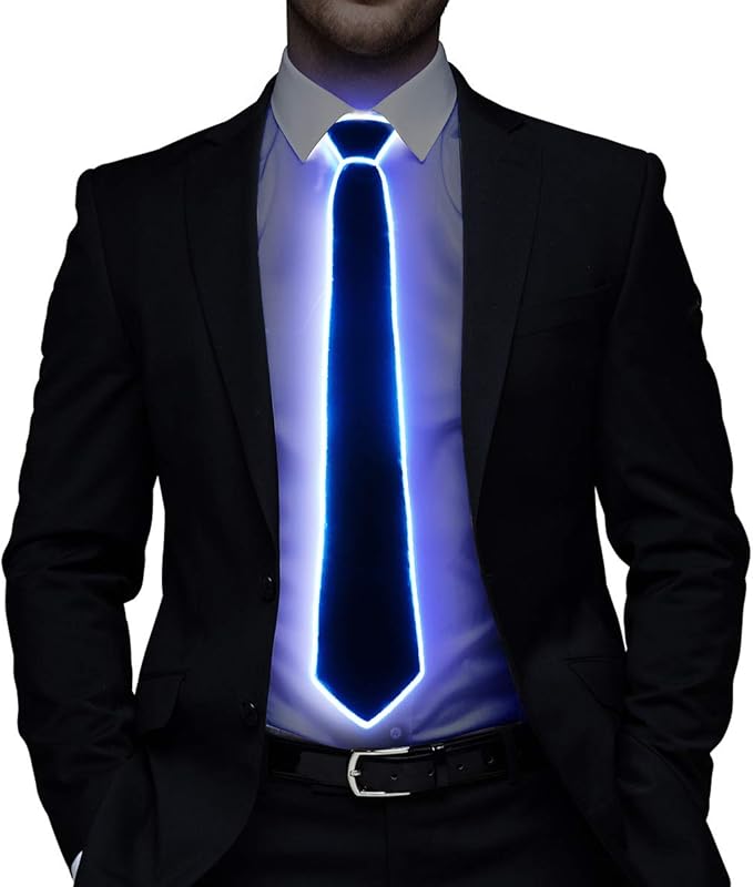 HOLLY MS - Led Tie Light Up Fanny Ties Novelty Necktie For Men LED Light Up Ties Costume Accessory - Blue-micro Solid Tie - Accessory, Costume, Fanny, For, Led, Light, Men, Neck, Novelty, Tie, Ties - Blue LED light-up tie worn with black suit and white shirt, ideal for personalized party favors and LED party lights.