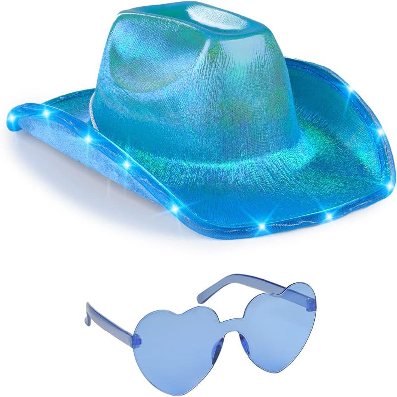 4SParty Blue Light Up Cowboy Hat and Glasses - Led Cowgirl Hat for Girls - Neon Cowboy Hat - Cowgirl Costume Accessories for Women