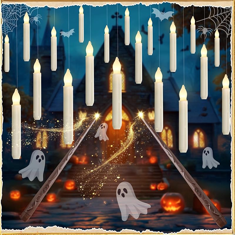 Hanging 20 Pcs Floating Candles with 2 Wand Remote and String, Flying Flameless LED Taper Candles Warm White Light, Battery Operated Window Candle for Halloween Christmas Party