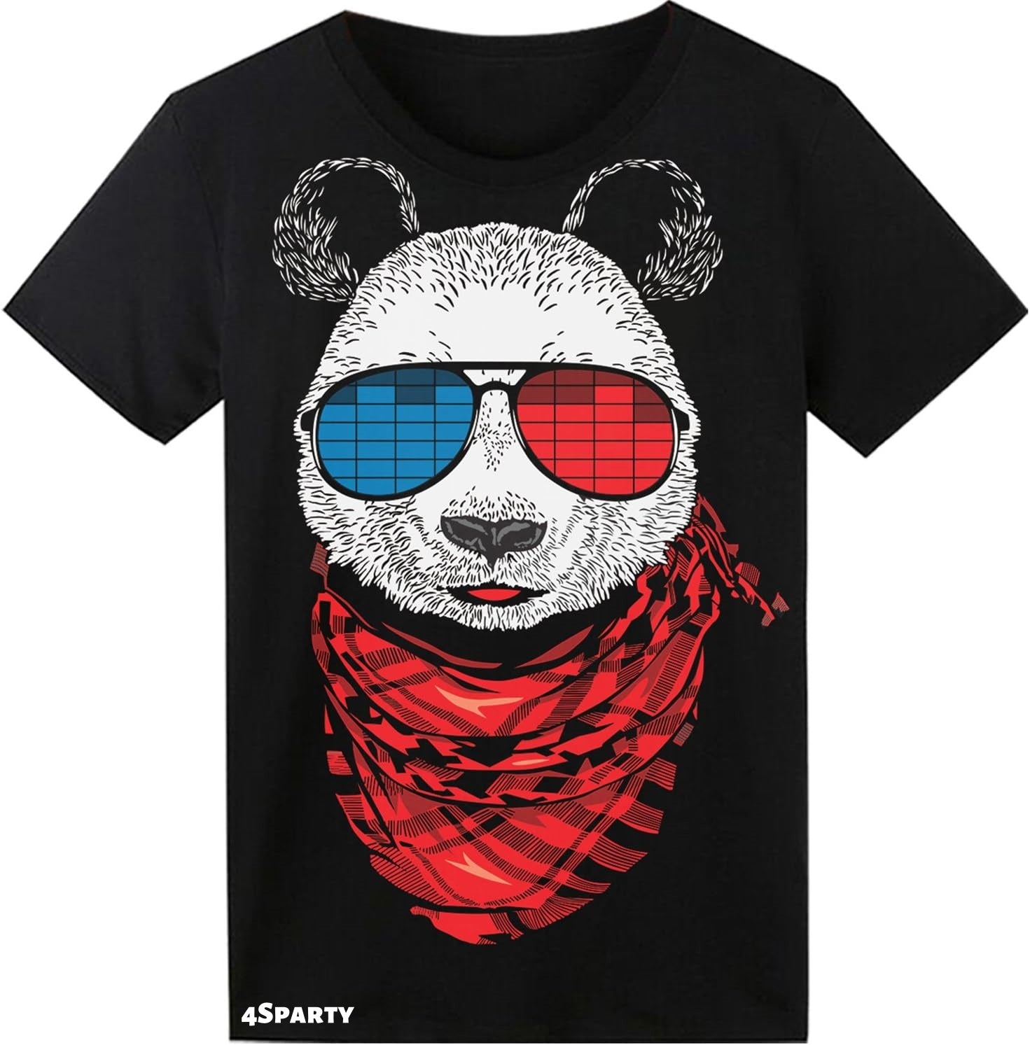 HOLLY MS - LED T Shirt Sound Activated Glow Shirts Light Up Equalizer Clothes for Party - Astronaut / Medium - Activated, Clothes, Equalizer, for, Glow, LED, Light, Party, Shirt, Sound - Black LED T-shirt with panda wearing red and blue 3D glasses and a red bandana, personalized party favor.