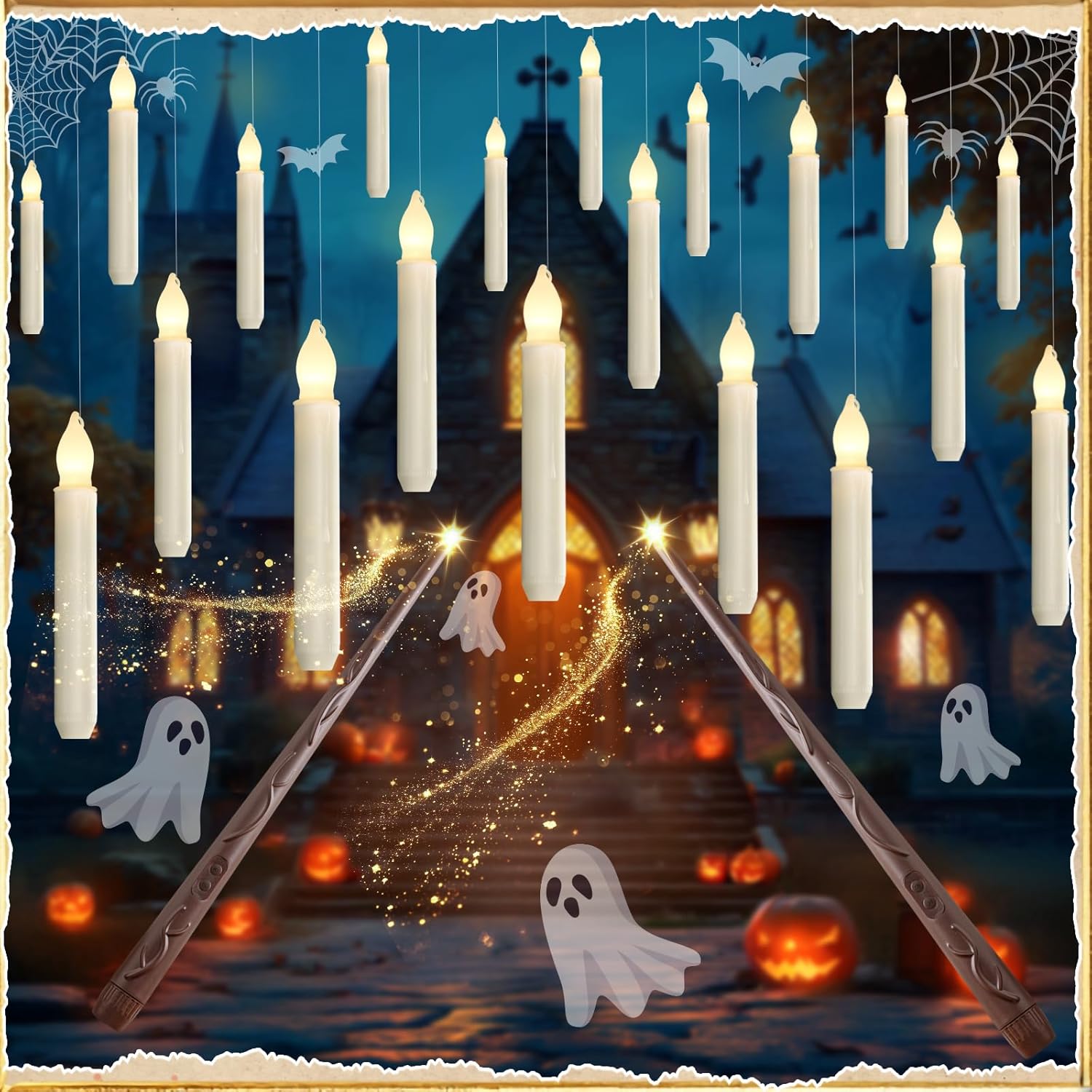 Hanging 20 Pcs Floating Candles with 2 Wand Remote and String, Flying Flameless LED Taper Candles Warm White Light, Battery Operated Window Candle for Halloween Christmas Party