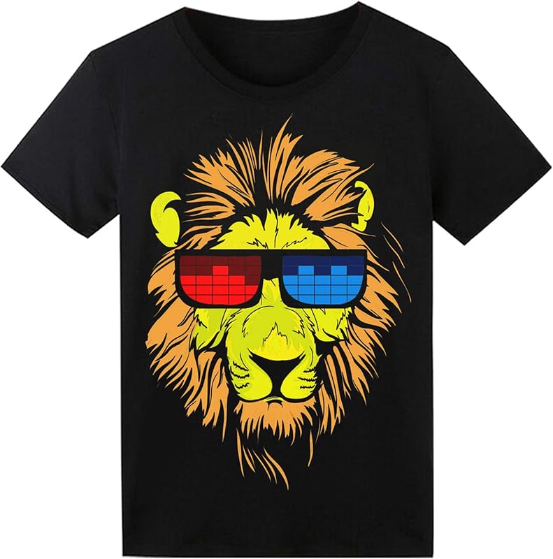 HOLLY MS - LED T Shirt Sound Activated Glow Shirts Light Up Equalizer Clothes for Party - Astronaut / Medium - Activated, Clothes, Equalizer, for, Glow, LED, Light, Party, Shirt, Sound - Black LED T-shirt with lion wearing red and blue equalizer sunglasses, perfect for personalized party favors and birthday.