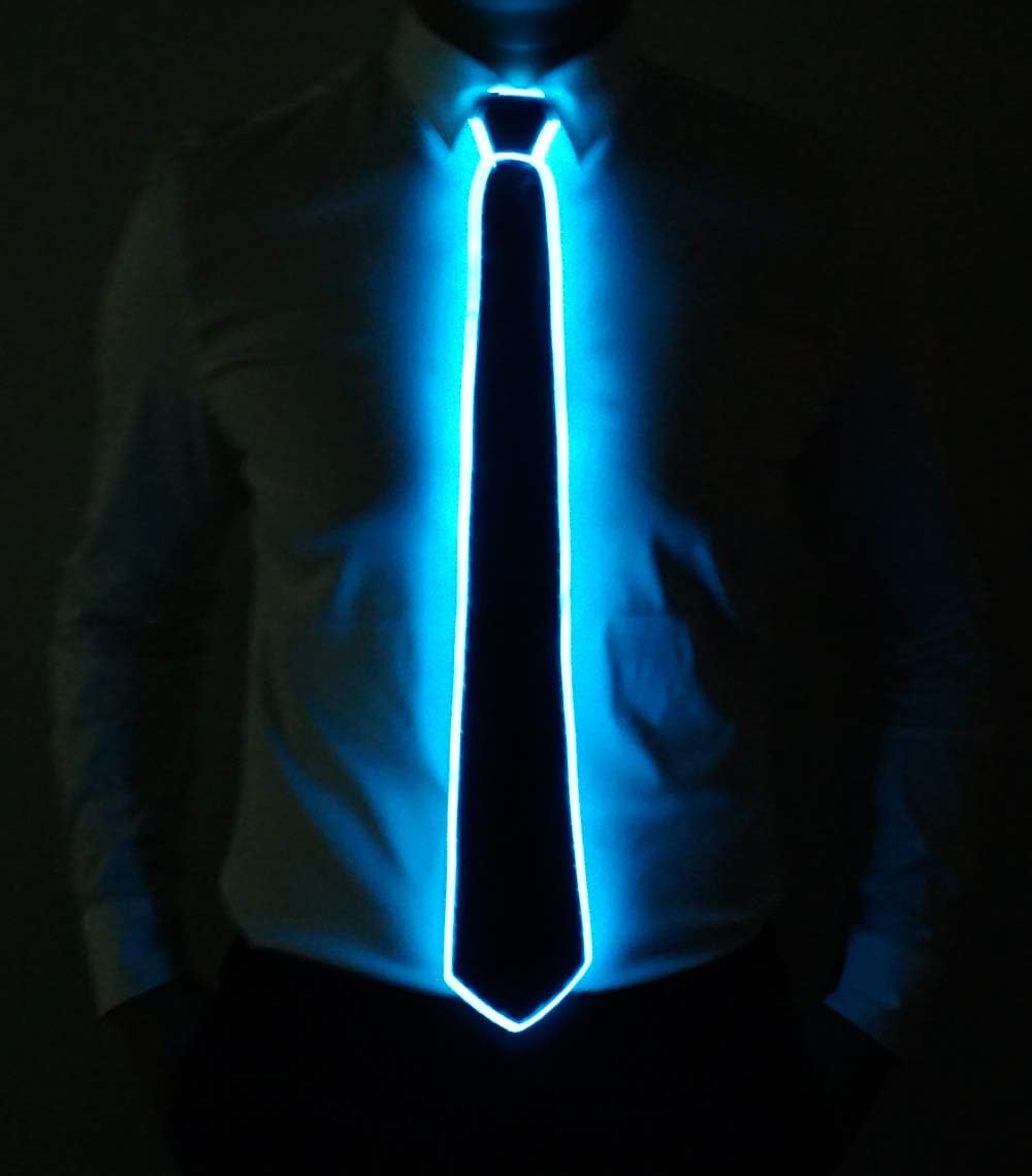 HOLLY MS - Led Tie Light Up Fanny Ties Novelty Necktie For Men LED Light Up Ties Costume Accessory - Blue-micro Solid Tie - Accessory, Costume, Fanny, For, Led, Light, Men, Neck, Novelty, Tie, Ties - Blue LED light-up tie glowing on a man’s white dress shirt, perfect for personalized party favors and LED party lights.