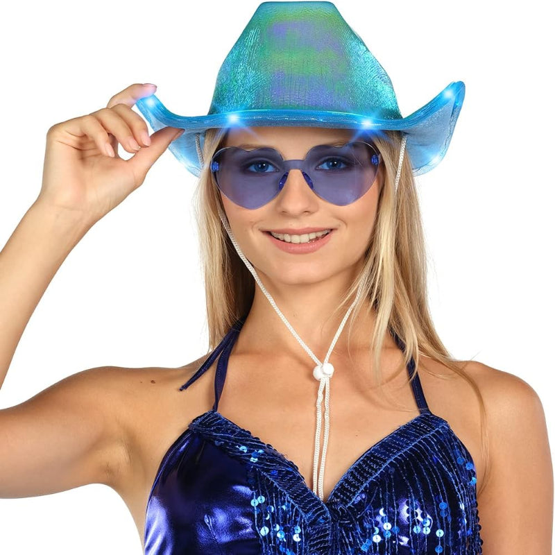 4SParty Blue Light Up Cowboy Hat and Glasses - Led Cowgirl Hat for Girls - Neon Cowboy Hat - Cowgirl Costume Accessories for Women