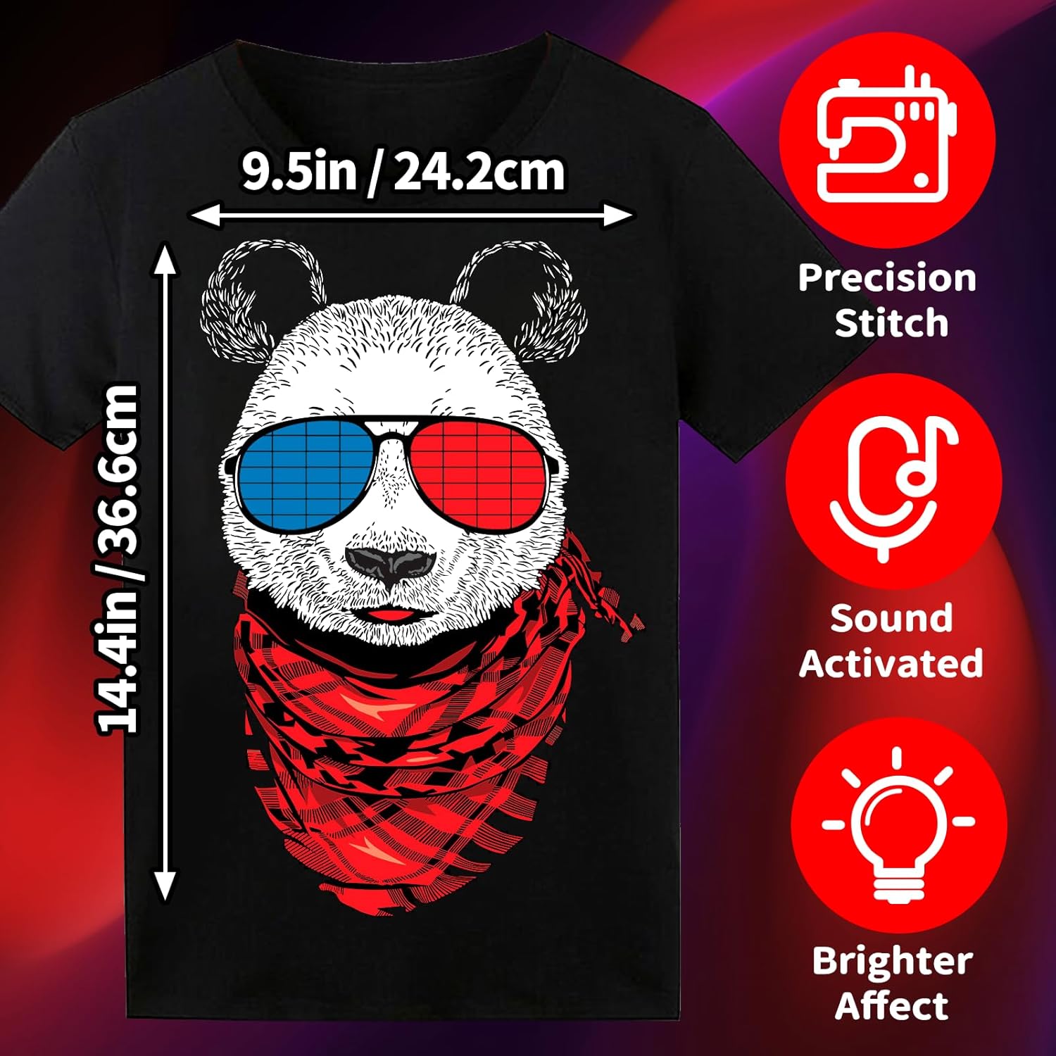 HOLLY MS - LED T Shirt Sound Activated Glow Shirts Light Up Equalizer Clothes for Party - Astronaut / Medium - Activated, Clothes, Equalizer, for, Glow, LED, Light, Party, Shirt, Sound - Black LED T-shirt with sound-activated panda wearing 3D glasses and red scarf, personalized party item and LED party light.