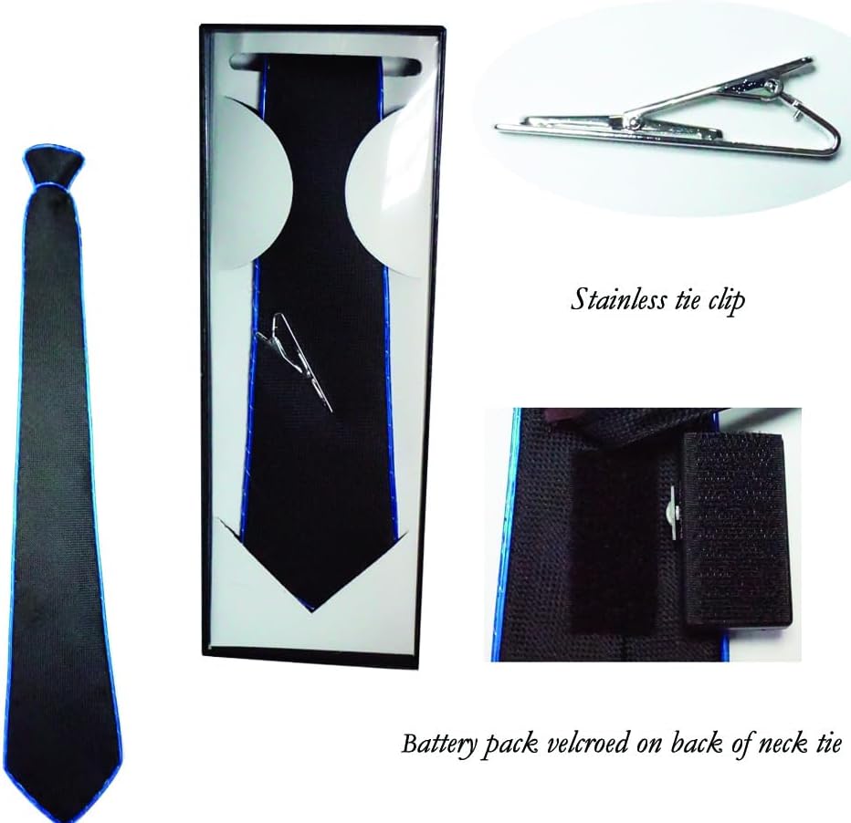 HOLLY MS - Led Tie Light Up Fanny Ties Novelty Necktie For Men LED Light Up Ties Costume Accessory - Blue-micro Solid Tie - Accessory, Costume, Fanny, For, Led, Light, Men, Neck, Novelty, Tie, Ties - Black LED light-up tie with stainless steel clip and battery pack, ideal for personalized party favors and birthday party.