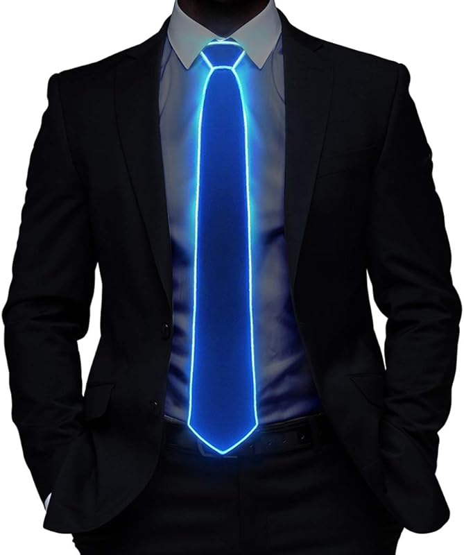 HOLLY MS - Led Tie Light Up Fanny Ties Novelty Necktie For Men LED Light Up Ties Costume Accessory - Blue-micro Solid Tie - Accessory, Costume, Fanny, For, Led, Light, Men, Neck, Novelty, Tie, Ties - Blue LED light-up necktie styled with a black suit, ideal for personalized party favors and LED party lights.