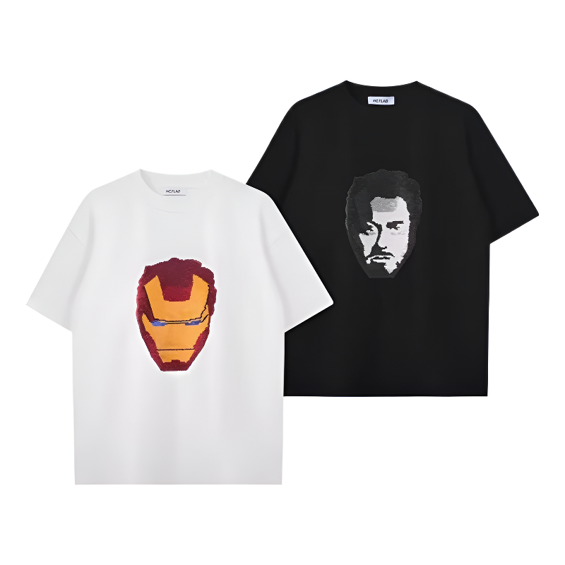 Smiley Face Print Loose-Fitting Short-Sleeved Cotton Summer Couples' Outfit,  Iron Man Face-Changing T-Shirt  for men and women
