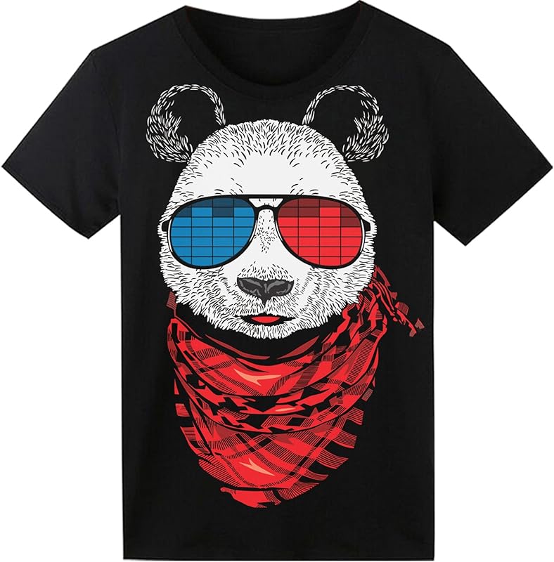 HOLLY MS - LED T Shirt Sound Activated Glow Shirts Light Up Equalizer Clothes for Party - Astronaut / Medium - Activated, Clothes, Equalizer, for, Glow, LED, Light, Party, Shirt, Sound - Black LED T-shirt with panda wearing 3D glasses and red checkered scarf, ideal for personalized party favors and LED party.