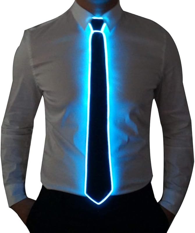 HOLLY MS - Led Tie Light Up Fanny Ties Novelty Necktie For Men LED Light Up Ties Costume Accessory - Blue-micro Solid Tie - Accessory, Costume, Fanny, For, Led, Light, Men, Neck, Novelty, Tie, Ties - Blue LED light-up necktie glowing against white shirt for personalized party favors and LED party lights.