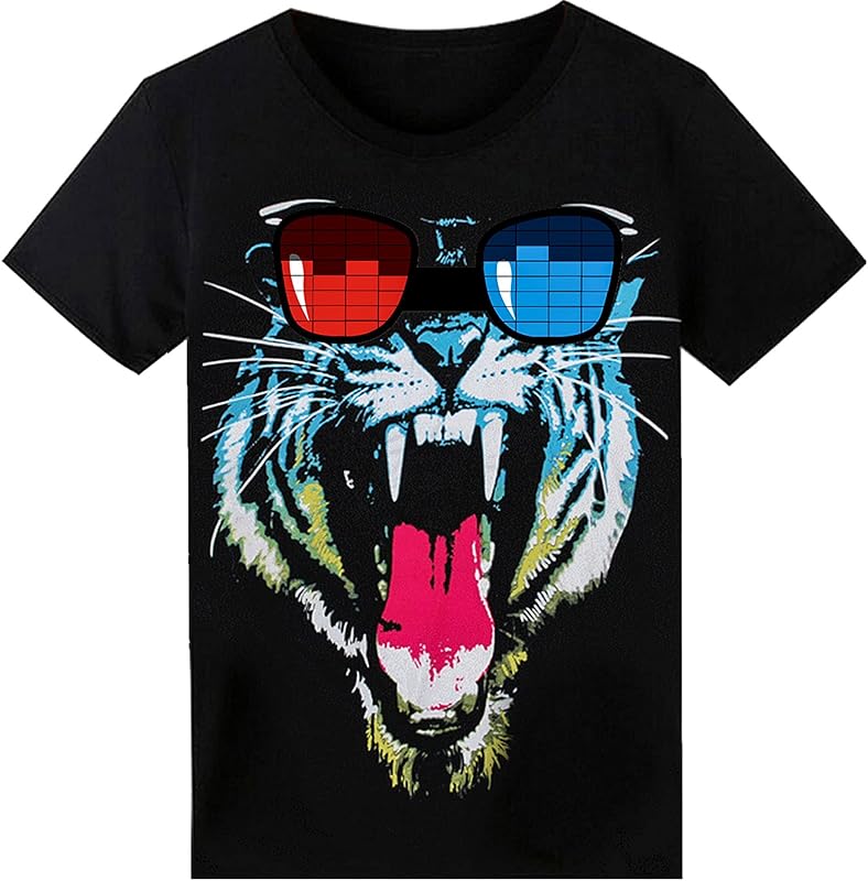 HOLLY MS - LED T Shirt Sound Activated Glow Shirts Light Up Equalizer Clothes for Party - Astronaut / Medium - Activated, Clothes, Equalizer, for, Glow, LED, Light, Party, Shirt, Sound - Black LED T-shirt with roaring tiger wearing red and blue equalizer glasses, perfect for personalized party favors and led.