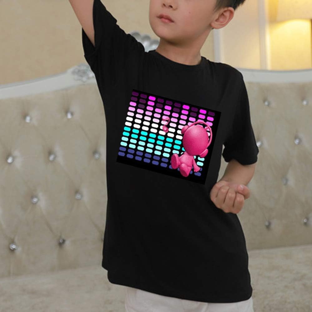 HOLLY MS - LED Flashing Shirt Sound Activated Black T Shirt Boys for Birthday Halloween Christmas - Black-elf / 2-3T - Activated, Birthday, Black, Boys, Christmas, Flashing, for, Halloween, LED, Shirt, Sound - Black boys LED flashing shirt with sound-activated colorful equalizer and pink headphones, ideal for birthday party.