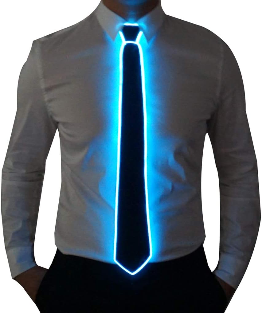 HOLLY MS - Led Tie Light Up Fanny Ties Novelty Necktie For Men LED Light Up Ties Costume Accessory - Blue-micro Solid Tie - Accessory, Costume, Fanny, For, Led, Light, Men, Neck, Novelty, Tie, Ties - Blue LED light-up tie glowing brightly on white shirt, perfect for personalized party favors and LED party lights.