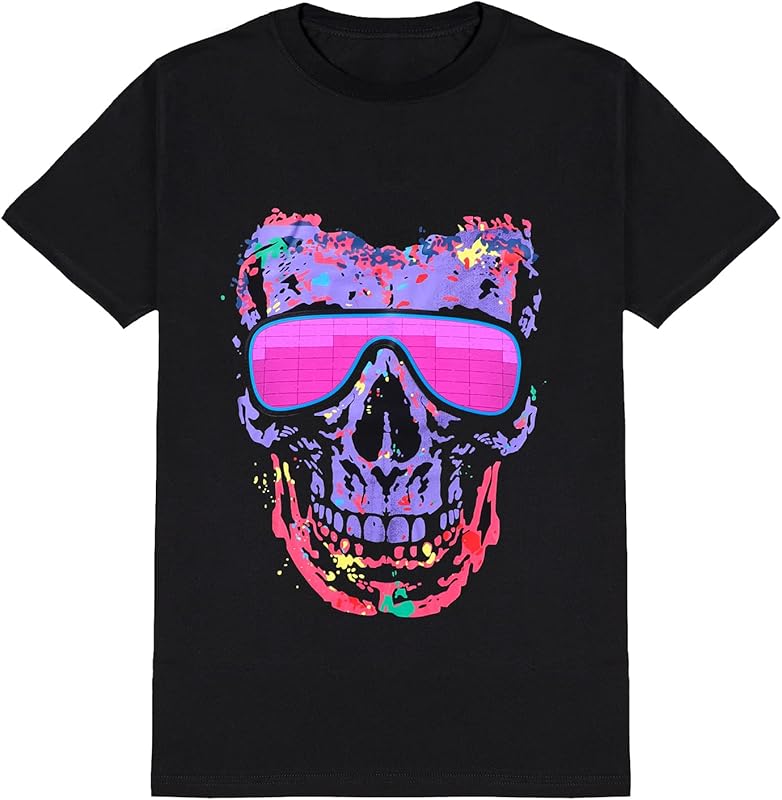 HOLLY MS - LED T Shirt Sound Activated Glow Shirts Light Up Equalizer Clothes for Party - Astronaut / Medium - Activated, Clothes, Equalizer, for, Glow, LED, Light, Party, Shirt, Sound - Black LED T-shirt with vibrant pink sunglasses skull graphic for personalized party favors and LED party lights.